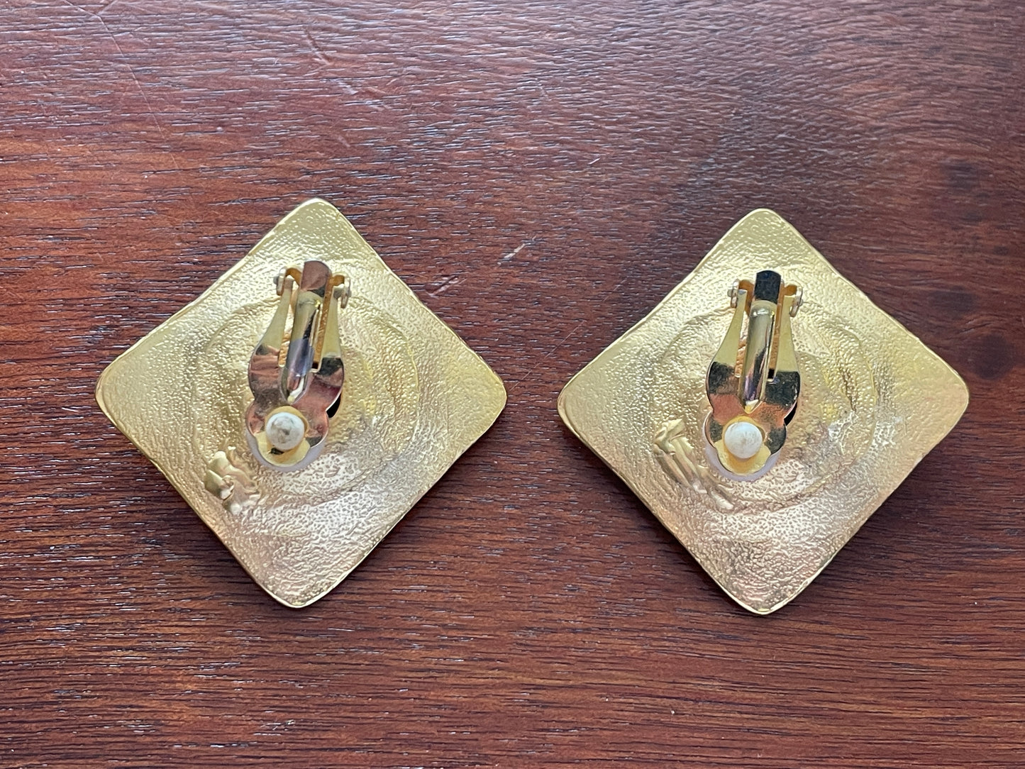 Vintage Gold Tone Square Clips Ons Speckled Brown Center Earrings