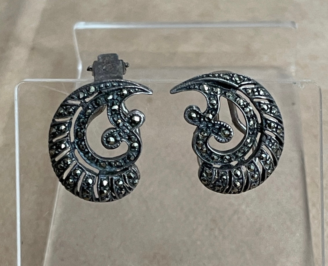 Sterling Silver 925 Marcasite Vintage Clip On Filigree Earrings