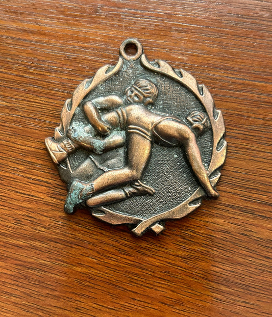 Vintage Copper Tone Metal Wrestling Pendant Award