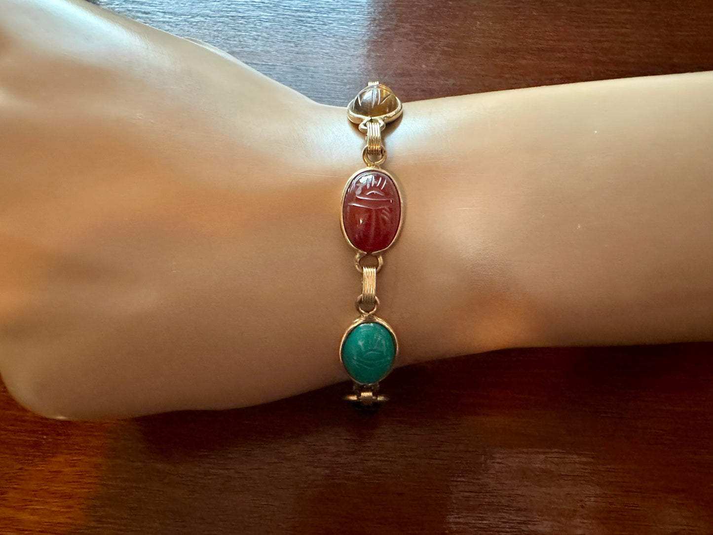 Vintage Signed Burt Cassell 12k Gold Filled Scarab Gemstone Bracelet