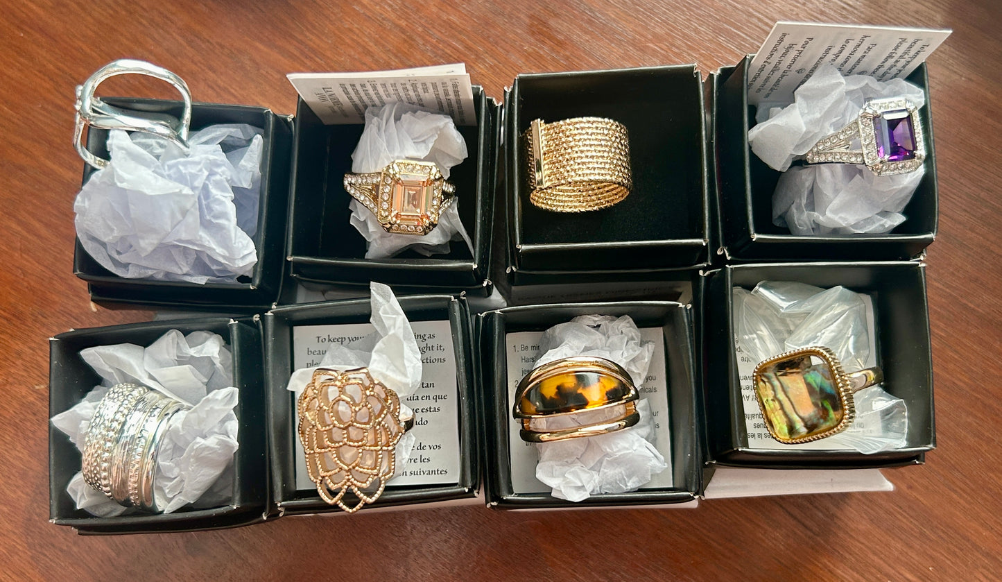 Lot of 12 Avon Costume Rings All Sz 10 Cocktail Rhinestone Bands In Box Silver