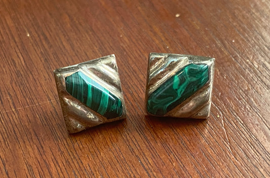 Sterling Silver 925 Malachite Pierced Stud Earrings