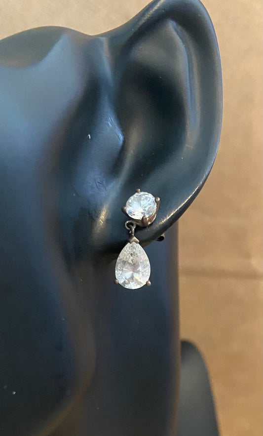 Sterling Silver 925 Cubic Zirconia Round Pear Drop Dangly Pierced Earrings