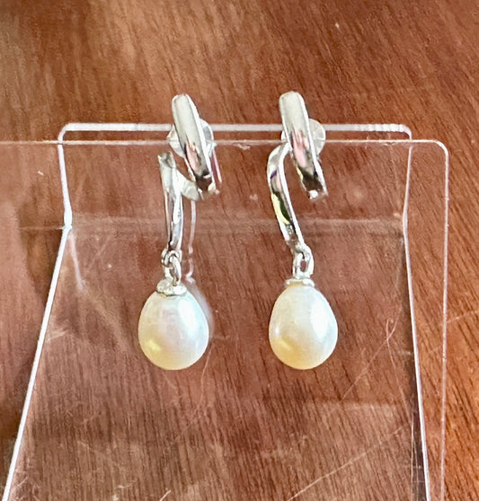 Sterling Silver 925 Pearl Drop Dangly Pierced Earrings