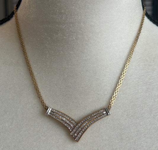 10k Yellow Gold 1ctw Natural Baguette Round Diamond V Shaped Necklace