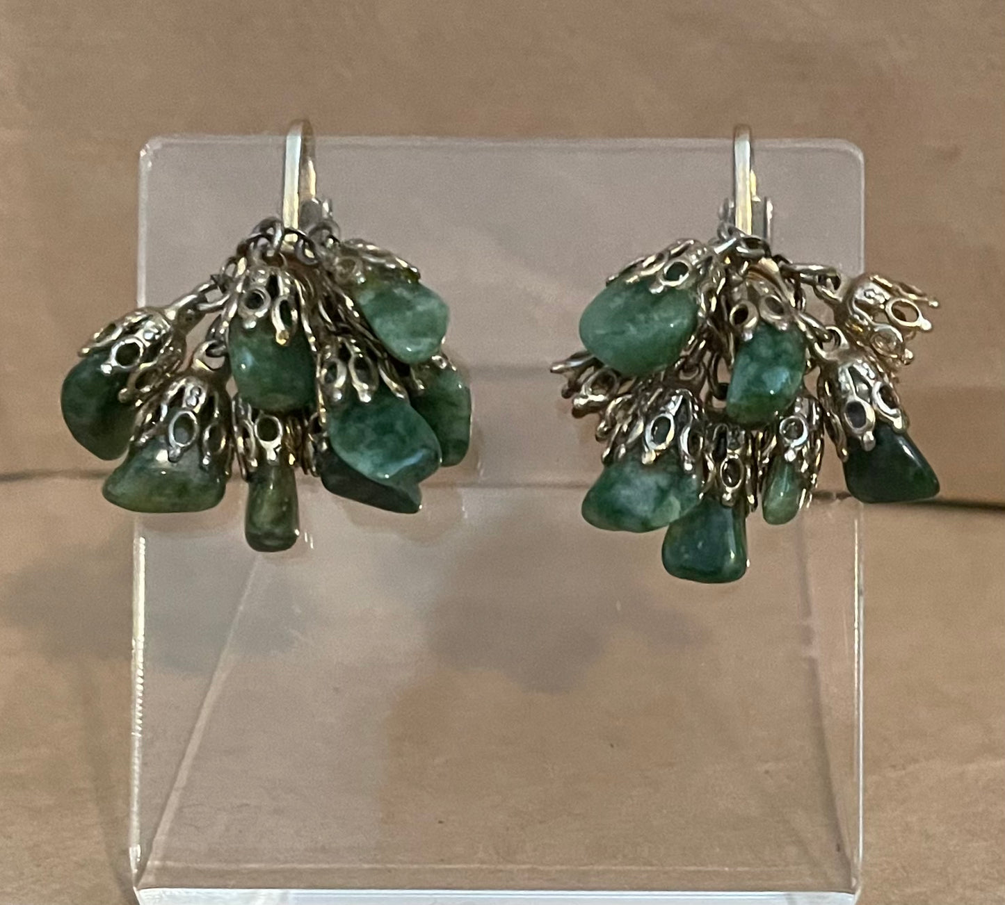 Vintage Gold Tone Cluster Green Stone Clip on Earrings