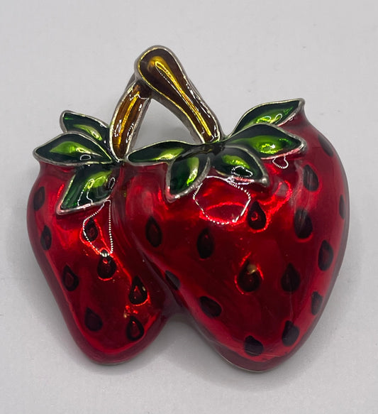 Vintage Silver Tone Red & Green Enamel Strawberry Brooch