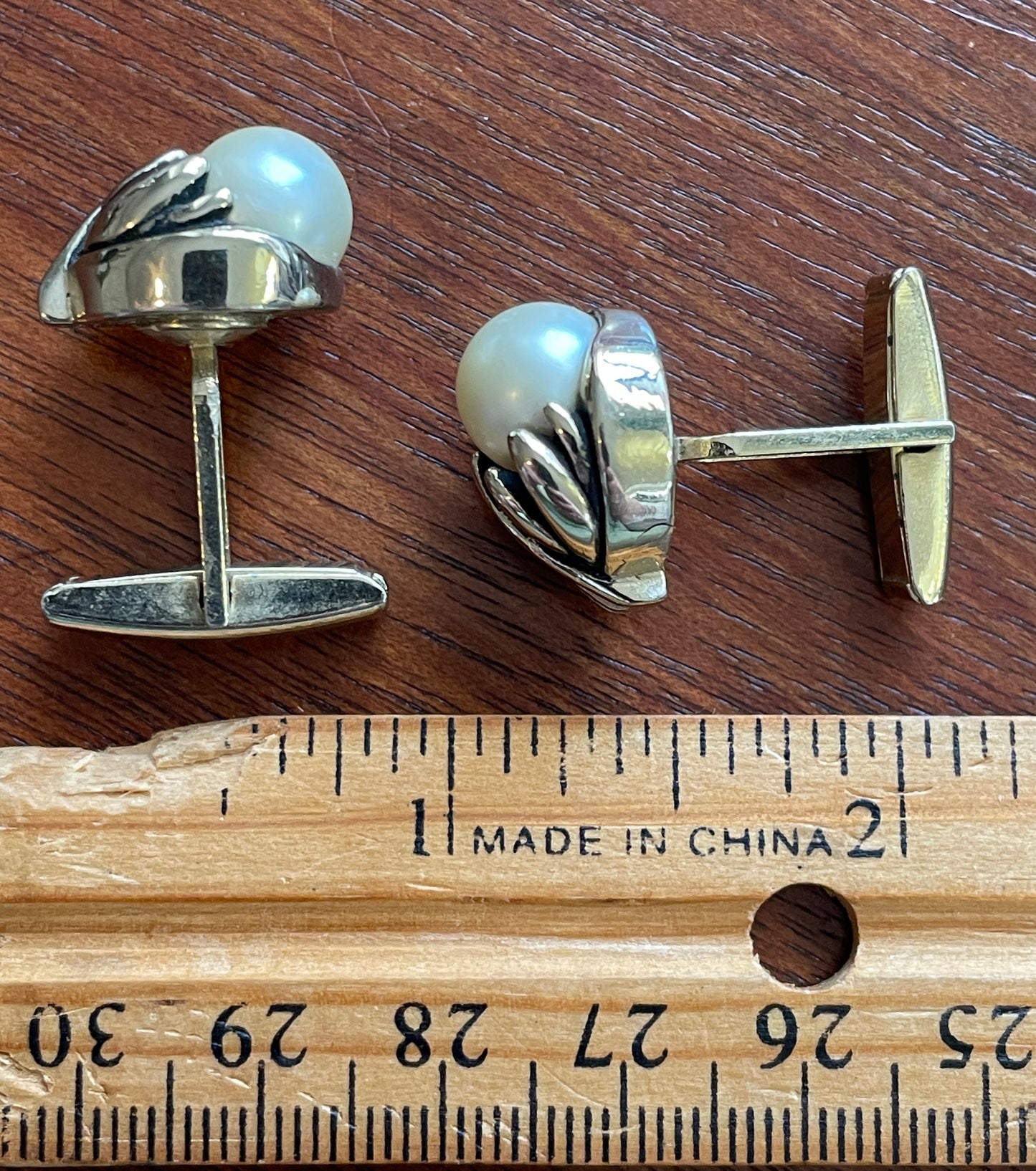 Vintage MCM Brutalist Silver Tone Faux Pearl Multi Prong Cuff Links