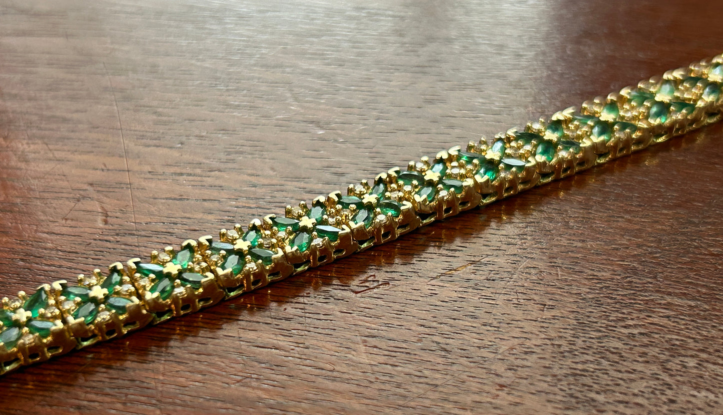 Signed BITA 14k Yellow Gold Marquise Emerald Diamond Accent Tennis Bracelet