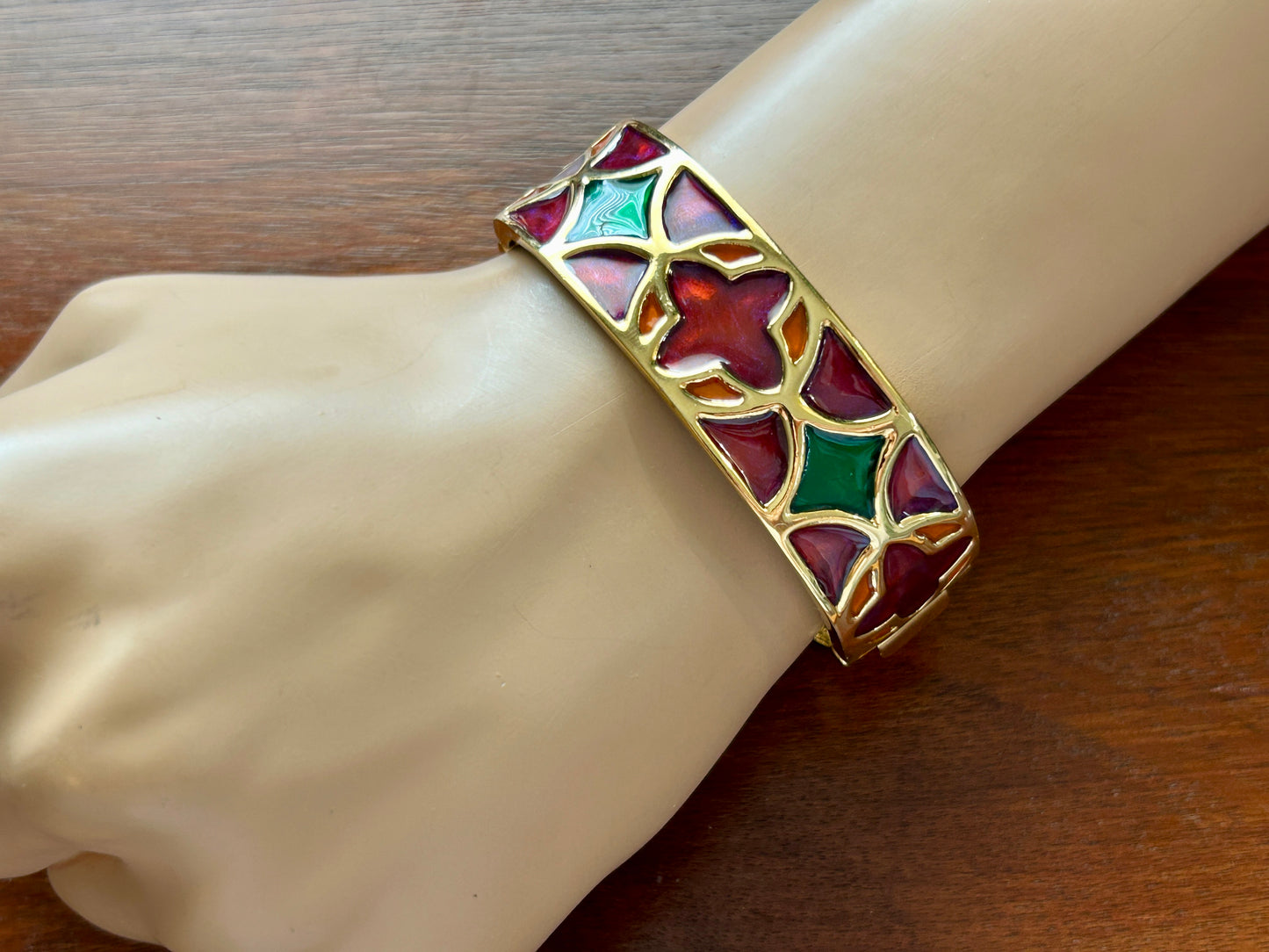 Vintage Signed Givenchy Gold Enamel Stained Glass Clamper Bracelet Red Green