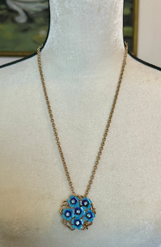 Vintage Avon Gold Tone Blue Enamel Rhinestone Flower Pendant Necklace Brooch