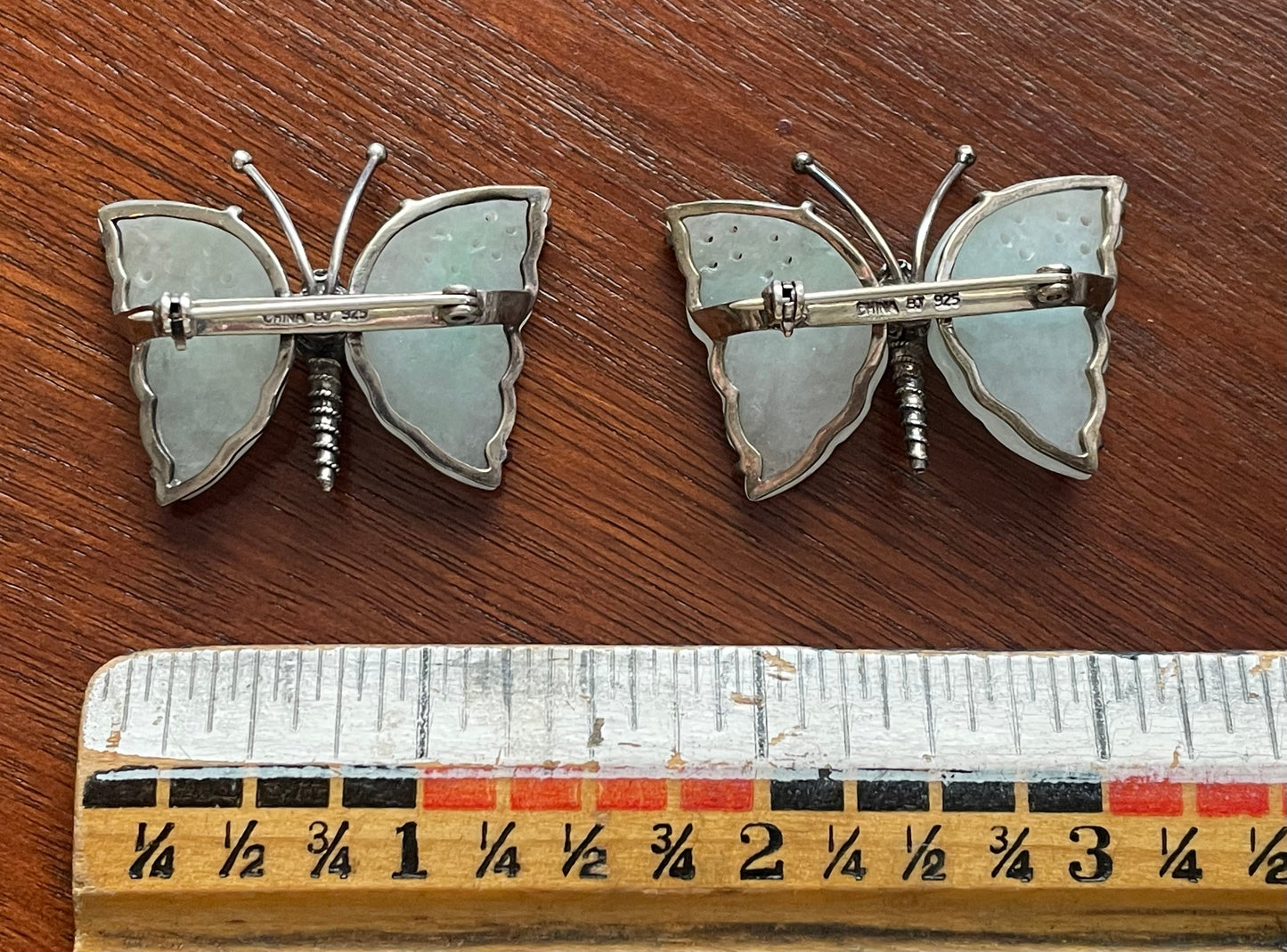 Vintage Set of Chinese Carved Jade Butterfly Brooches Pins Sterling Silver 925