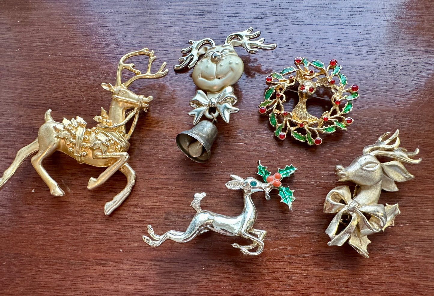 Vintage to Now Brooch Lot Reindeer Deer Wreath Candles Bells Rhinestone Enamel