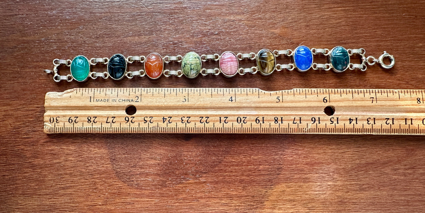 Vintage 1/20 12k Yellow Gold Filled Scarab Gemstone Cabochon Panel Bracelet