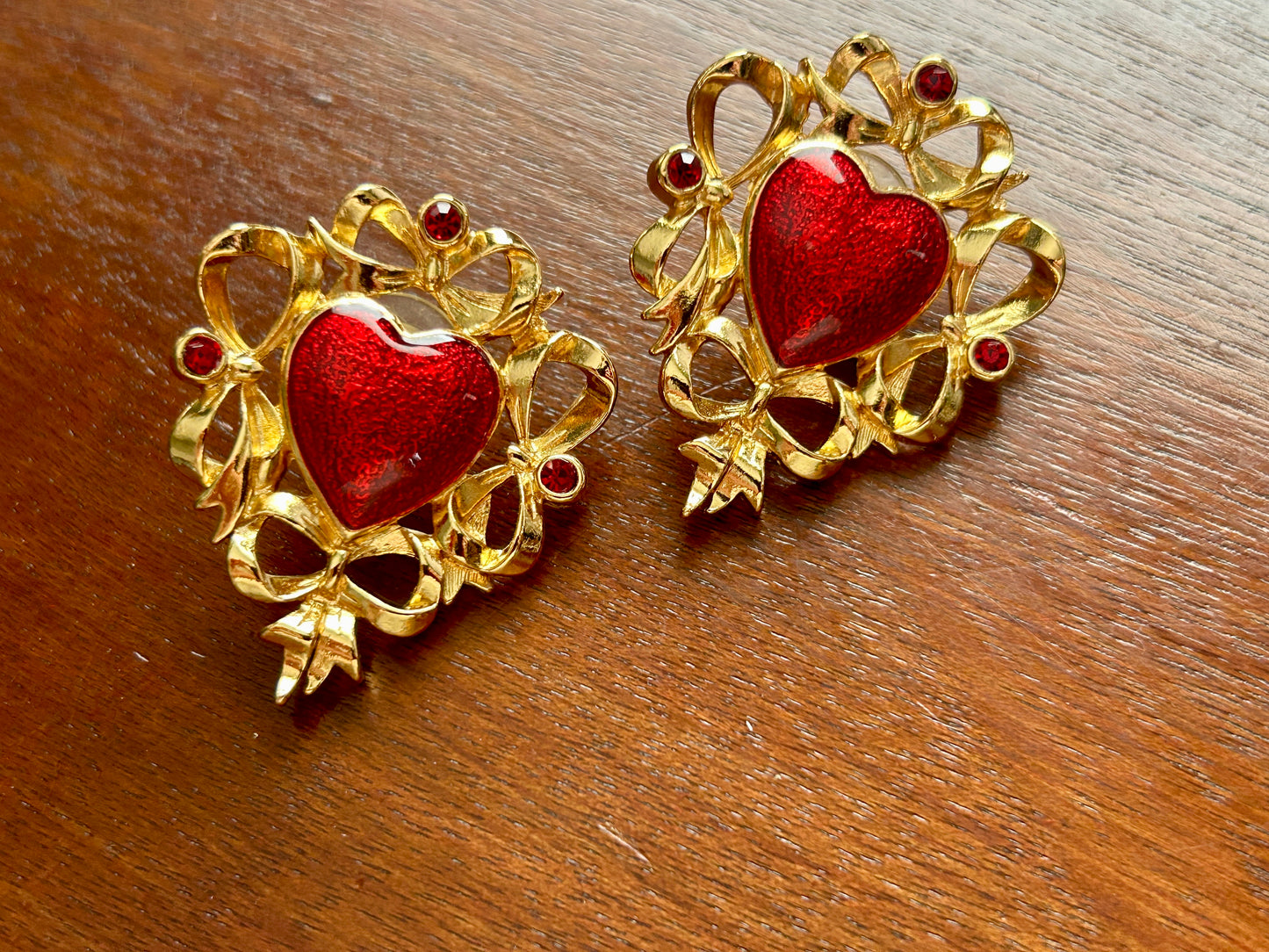 Vintage Avon Gold Tone Red Enamel Rhinestone Large Heart Shaped Pierced Earrings