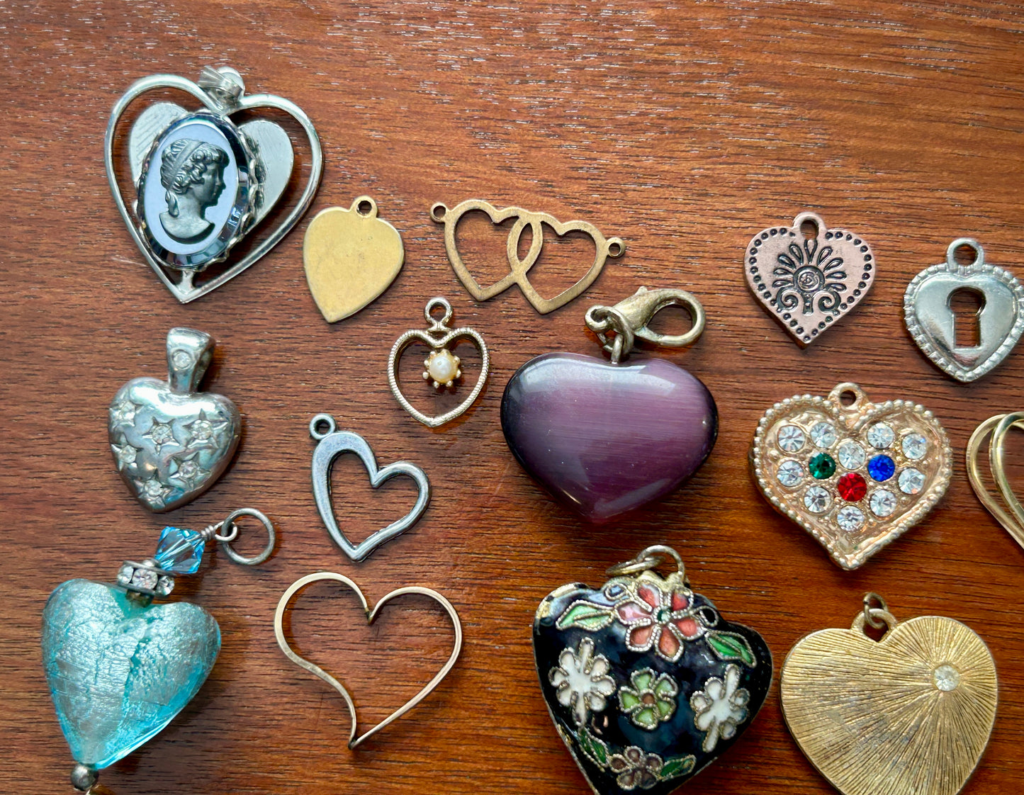 Vintage to Now Heart Shaped Pendant Charms Lot Gold Rhinestone Glass Puffy