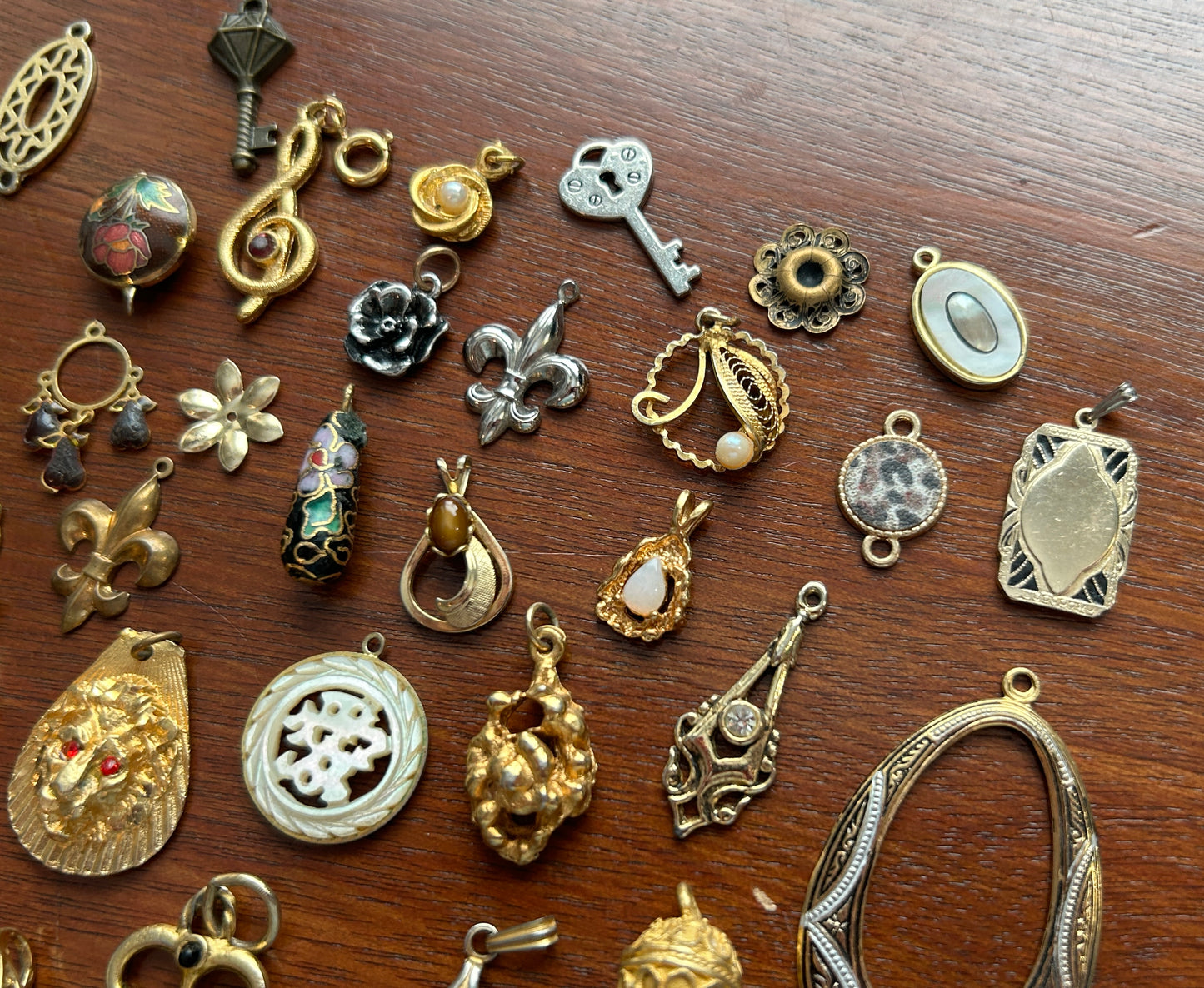 Vintage to Now Charm Pendant Lot Skeleton Key Cloissone MOP Crystal Thermoset