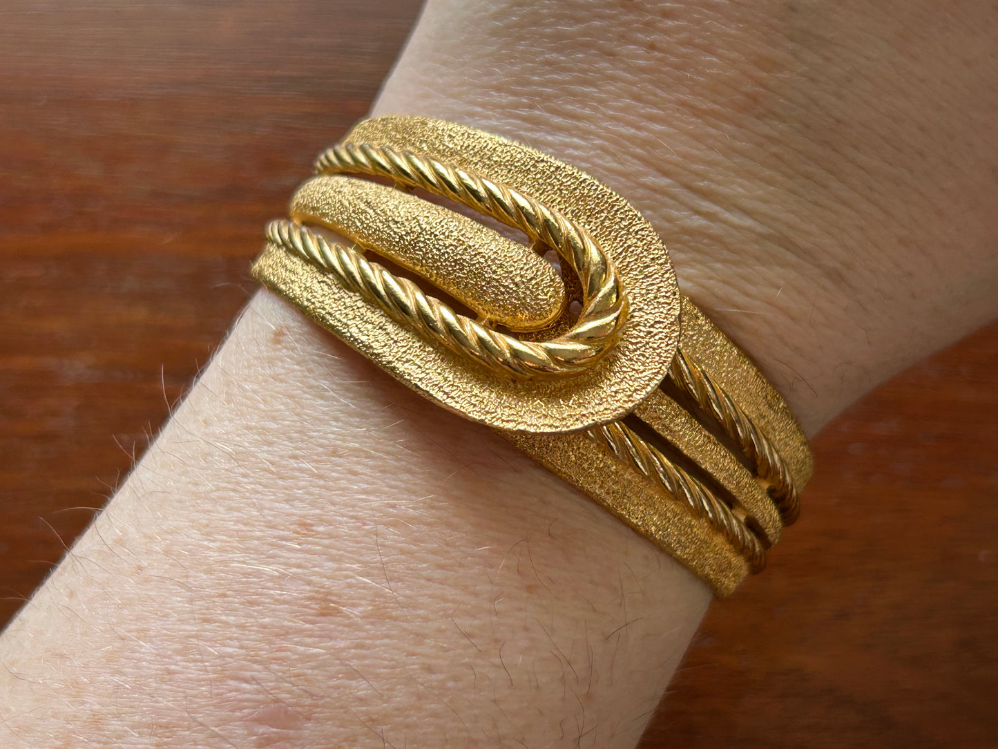 Vintage Crown Trifari Textured Brushed Gold Tone Clamper Bracelet