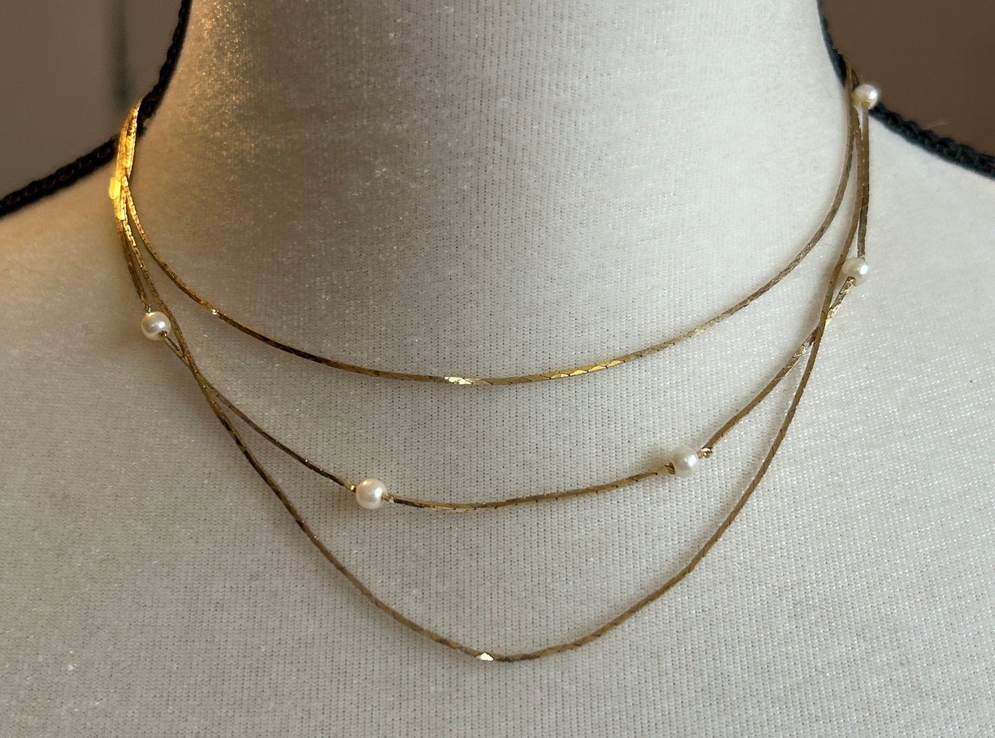 Vintage Gold Tone Faux Pearl Bead Multistrand Collar Necklace