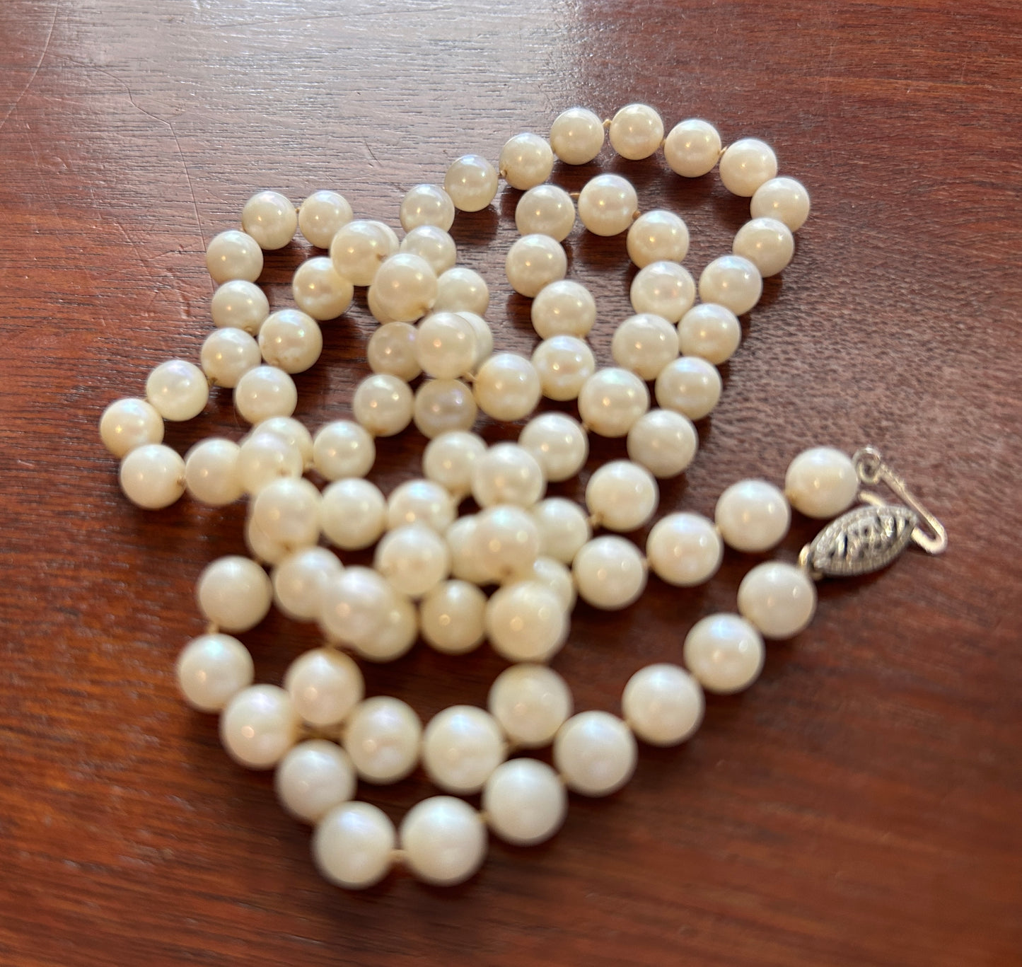 Vintage 6mm Real Pearl Single Strand Necklace 14k White Gold Clasp 25.5" Long