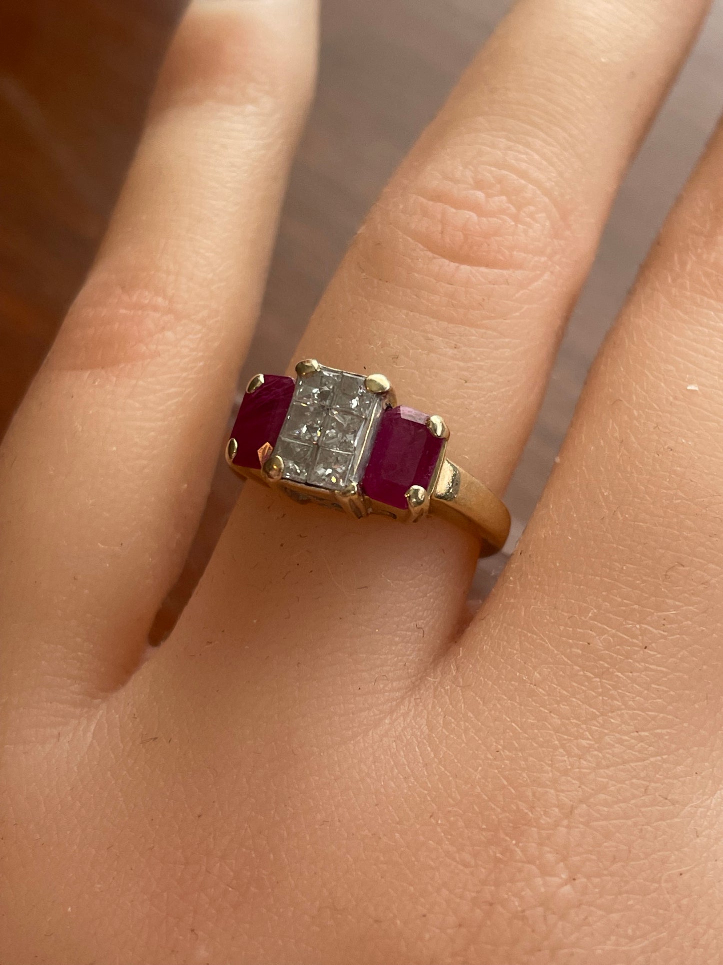 14k Yellow Gold Princess Cut Diamond & Ruby Engagement Ring Sz 4.5