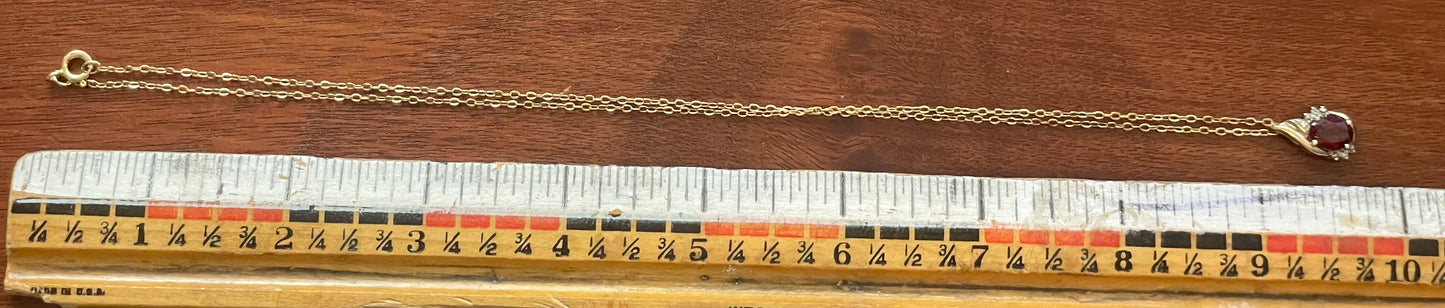 Vintage 10k Sterling Silver 925 Red Stone Diamond Accent Pendant Chain Necklace