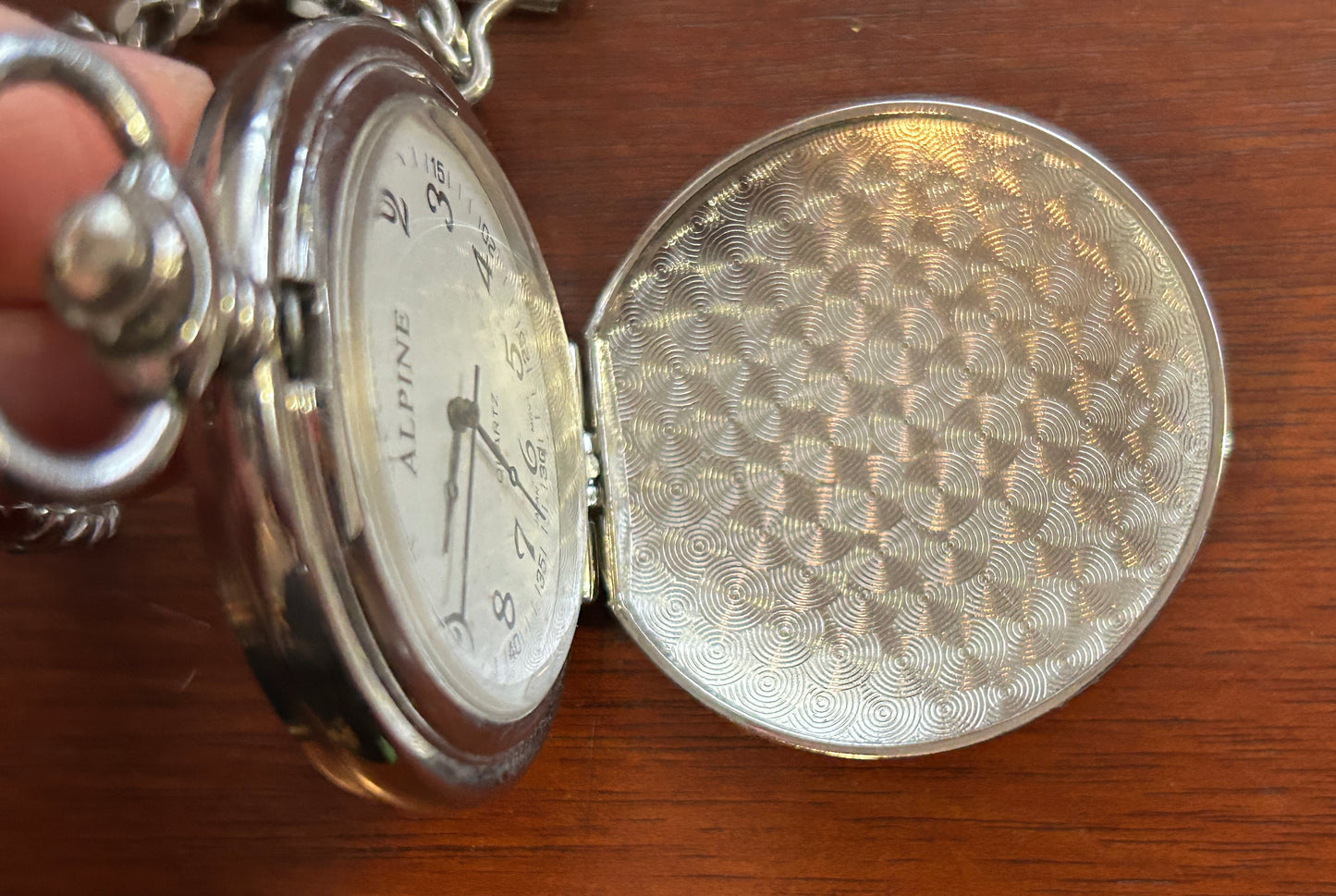 Silver Tone Alpine Quartz Pocket Watch with Chain Monogram DML