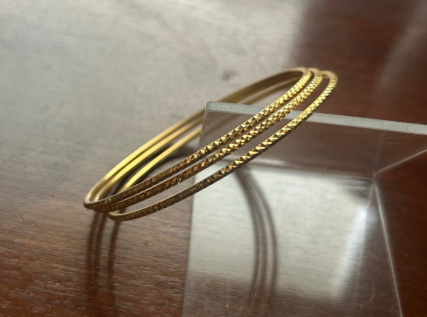 Set of 3 Faceted Diamond Pattern Thin 22k Yellow Gold Bangle Bracelets