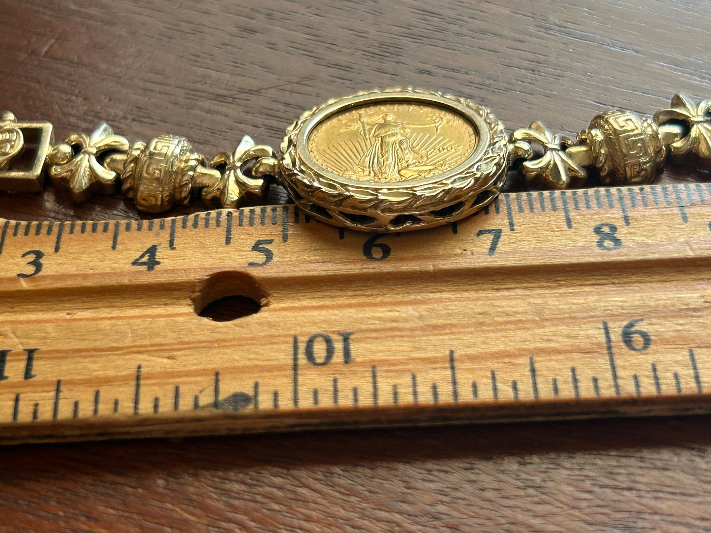 14k Yellow Gold 2002 1/10oz Fine Gold Liberty Coin Bracelet Greek Fleur De Lis