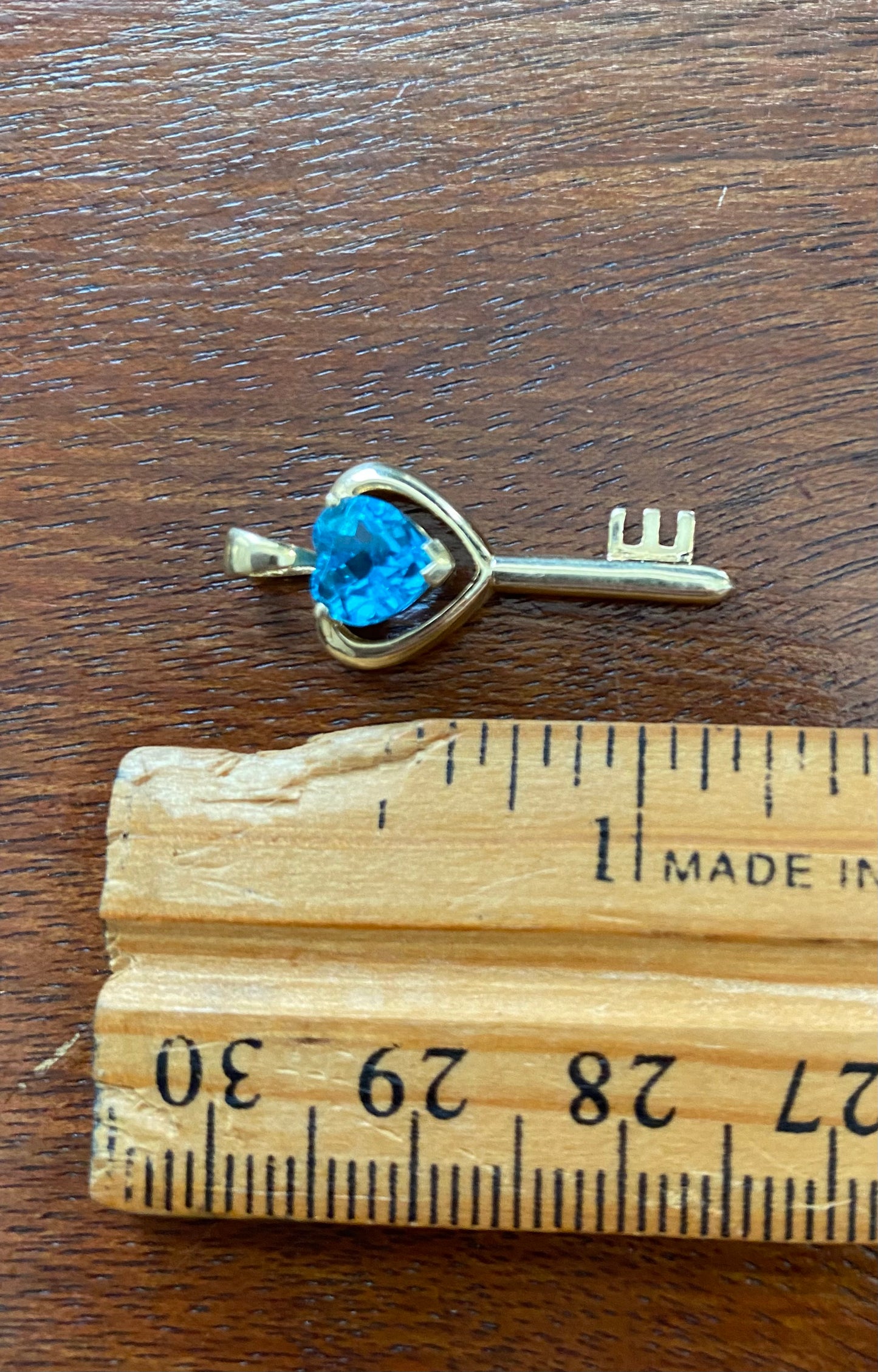 14k Yellow Gold Skeleton Key Heart Shaped Blue Topaz Charm Pendant