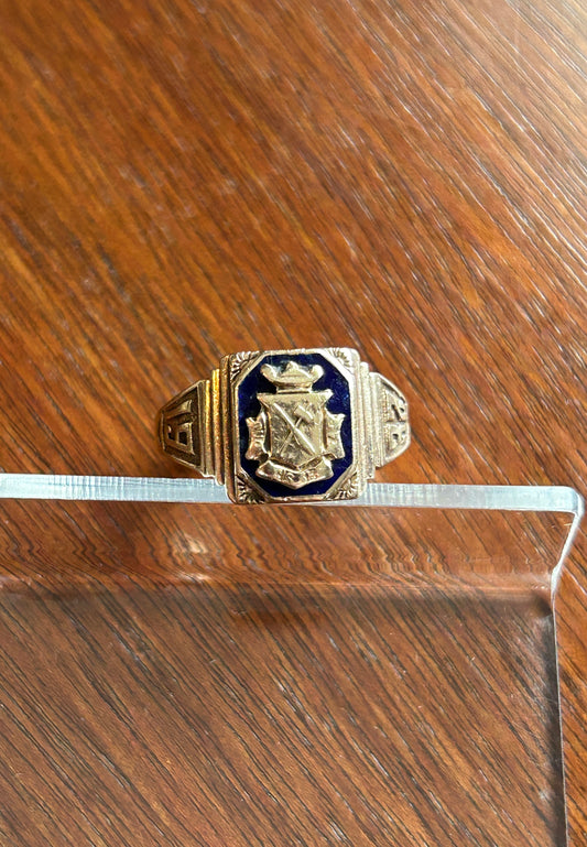 Antique 1932 Panikoff 10k Yell Gold Blue Glass Class School Ring Sz 9.75