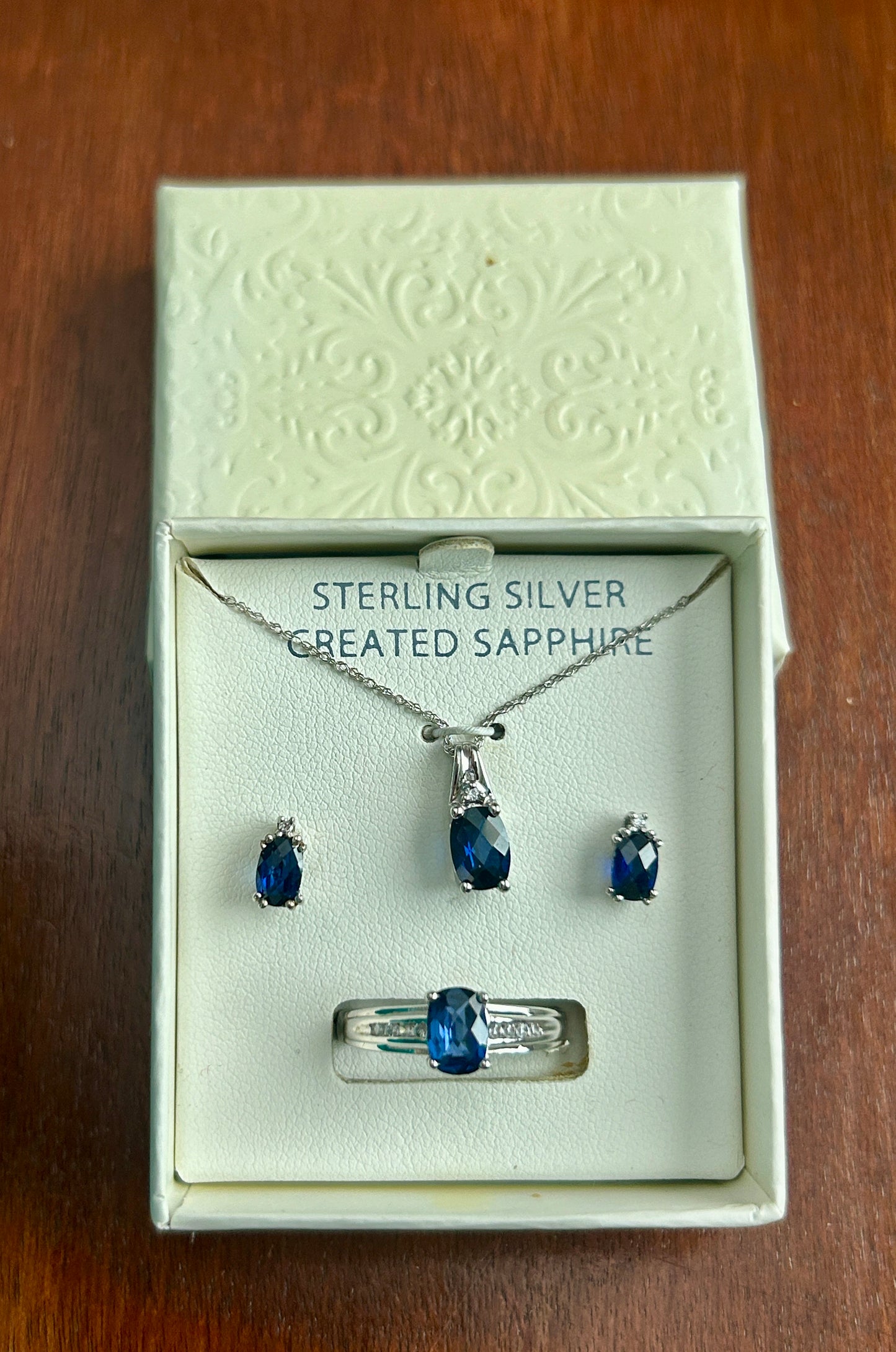 Sterling Silver 925 Lab Sapphire CZ Jewelry Set Necklace Earrings Ring Sz 6.75