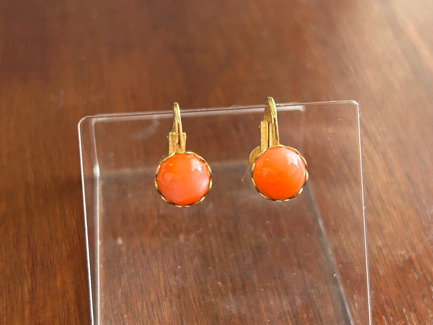 Vintage Gold Tone Cabochon Coral Clip On Earrings