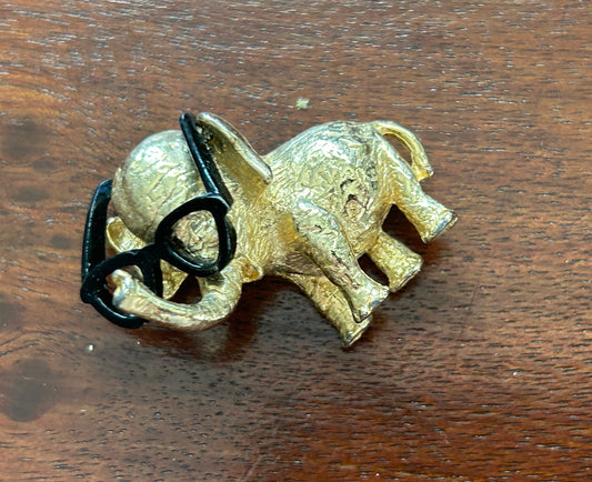 Vintage Elephant in Glasses Spectacles Gold Tone Black Brooch Pin