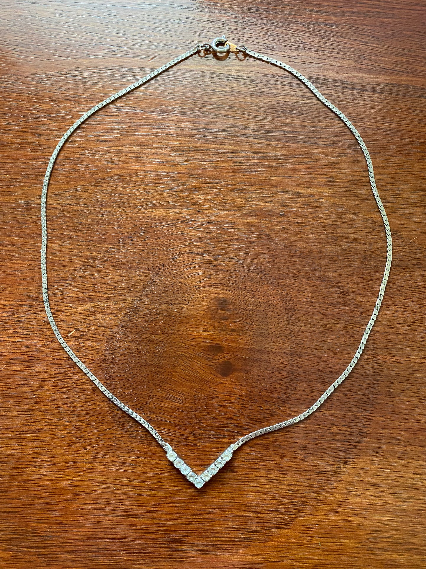 Silver Tone Rhinestone  Herringbone Chain Necklace