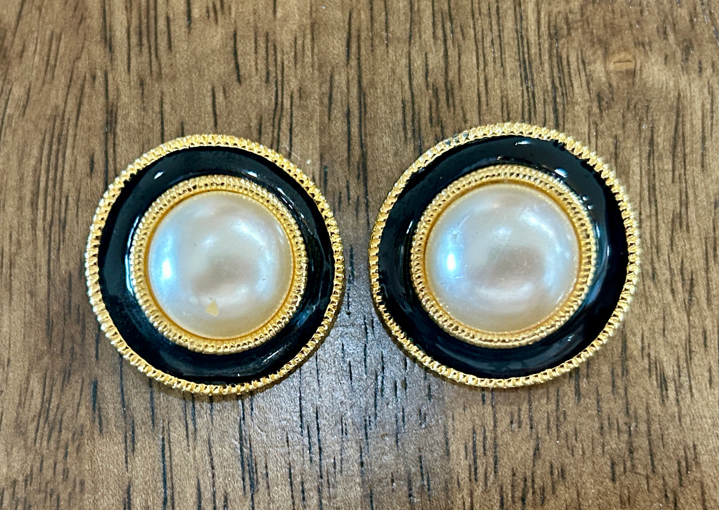 Vintage 80s Large Round Gold Black Enamel Faux Pearl Cabochon Pierced Earrings