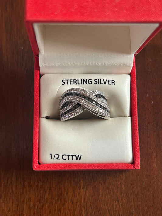 Sterling Silver 925 1/2cttw Treated Black White Diamond Twist Band Ring Sz 6.75