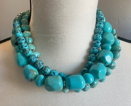 Vintage Silver Tone Multistrand Faux Turquoise Bead Adjustable Necklace