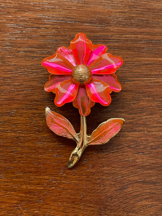 Vintage Neon Pin Clear Enamel & Gold Tone Flower Brooch Lapel Pin