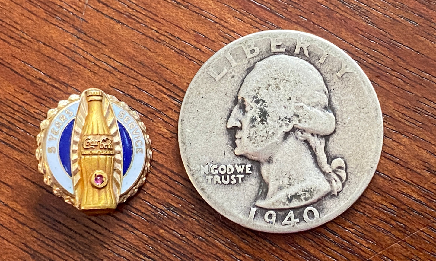 Vintage 10k Yellow Gold Coca-Cola 5 Year Service Pin Brooch Enamel