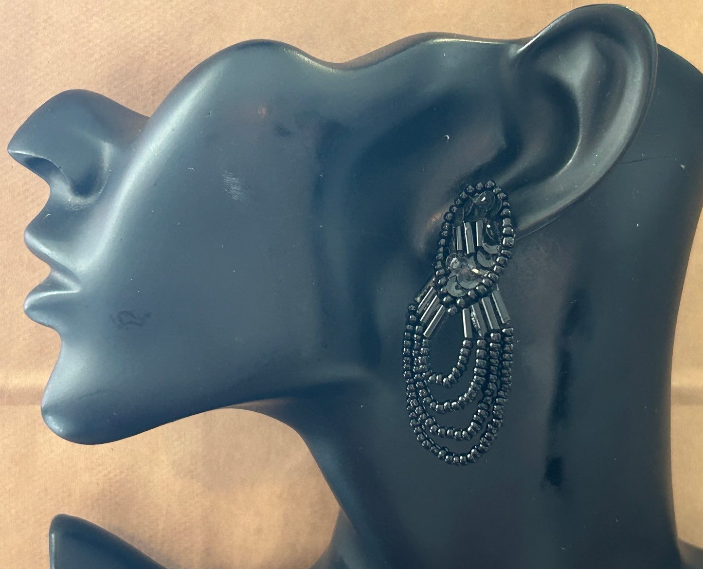 Vintage Black Hand Beaded Pierced Earrings