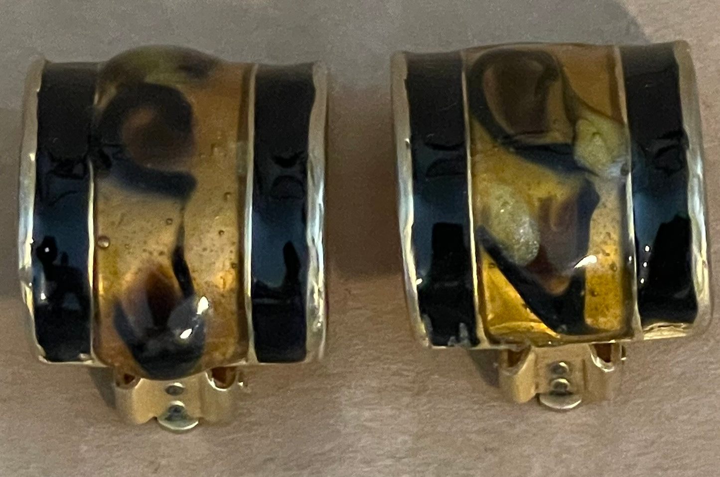 Vintage Gold Tone Black Enamel Clip on Earrings