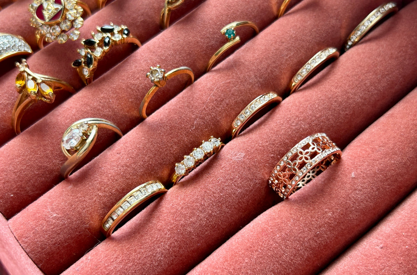 Lot of 24 Vintage to Now Gold Tone Plate Rings Rhinestone Engagement Bands Stone
