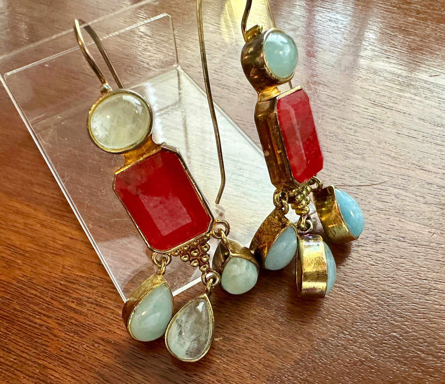 Gold Plate Simulated Raw Ruby Quartz Dangly Drop Pierced Earrings