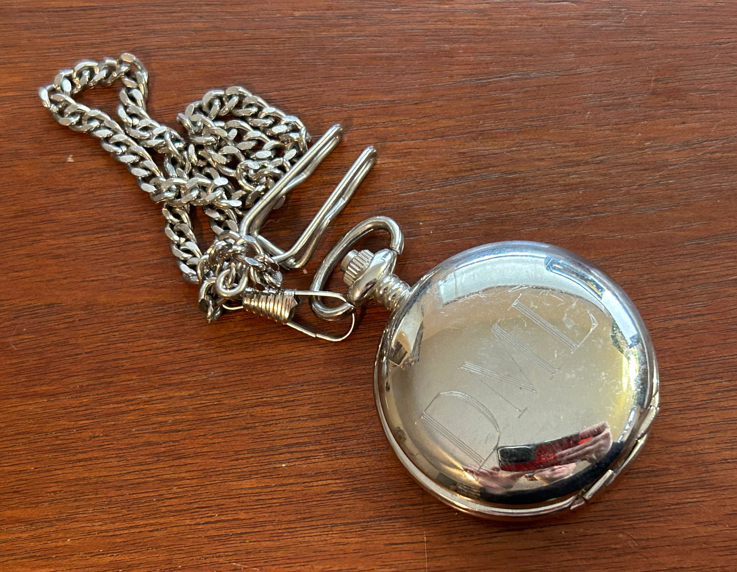 Silver Tone Alpine Quartz Pocket Watch with Chain Monogram DML