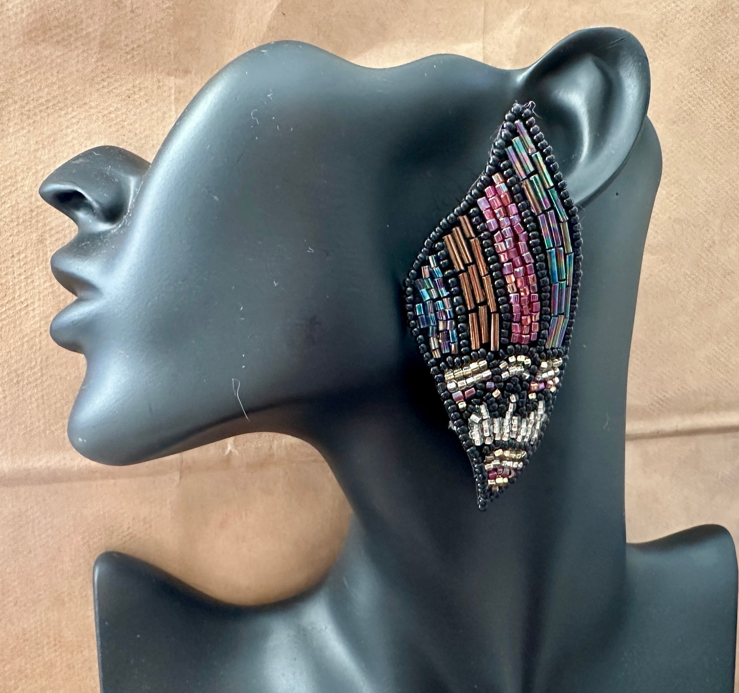 Vintage Large Black Beaded Metallic Rainbow Deco Style Pierced Earrings