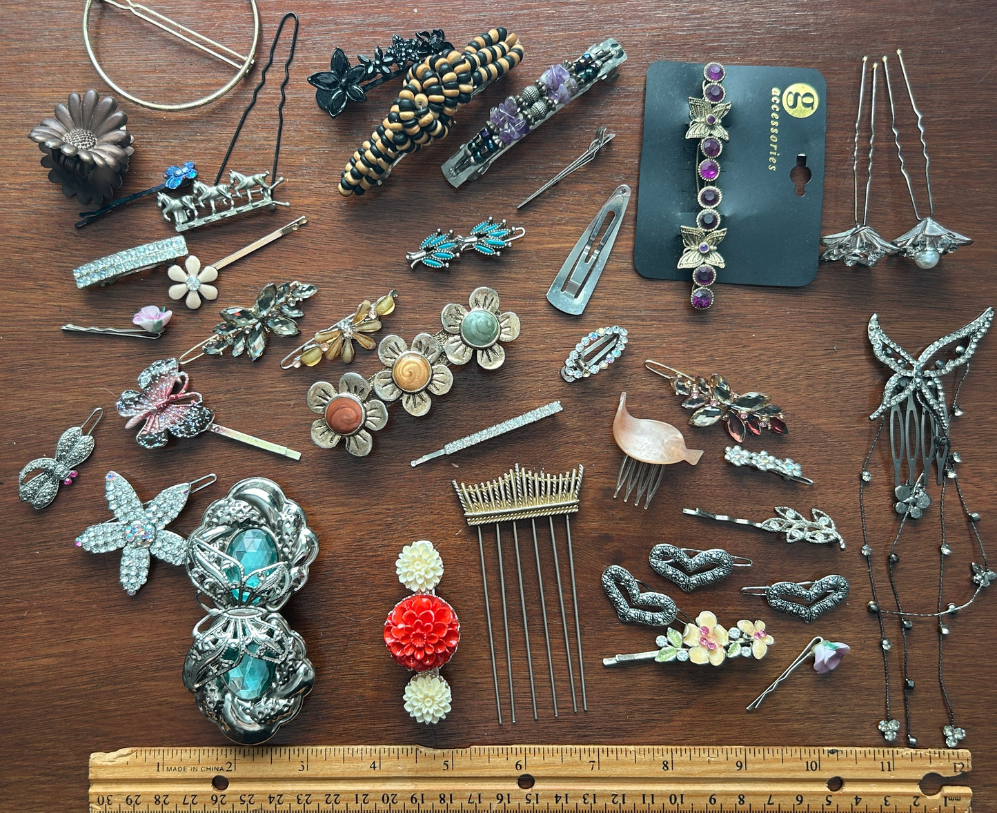 Vintage to Now Hair Accessories Lot Clips Combs Barrettes Hearts Rhinestones