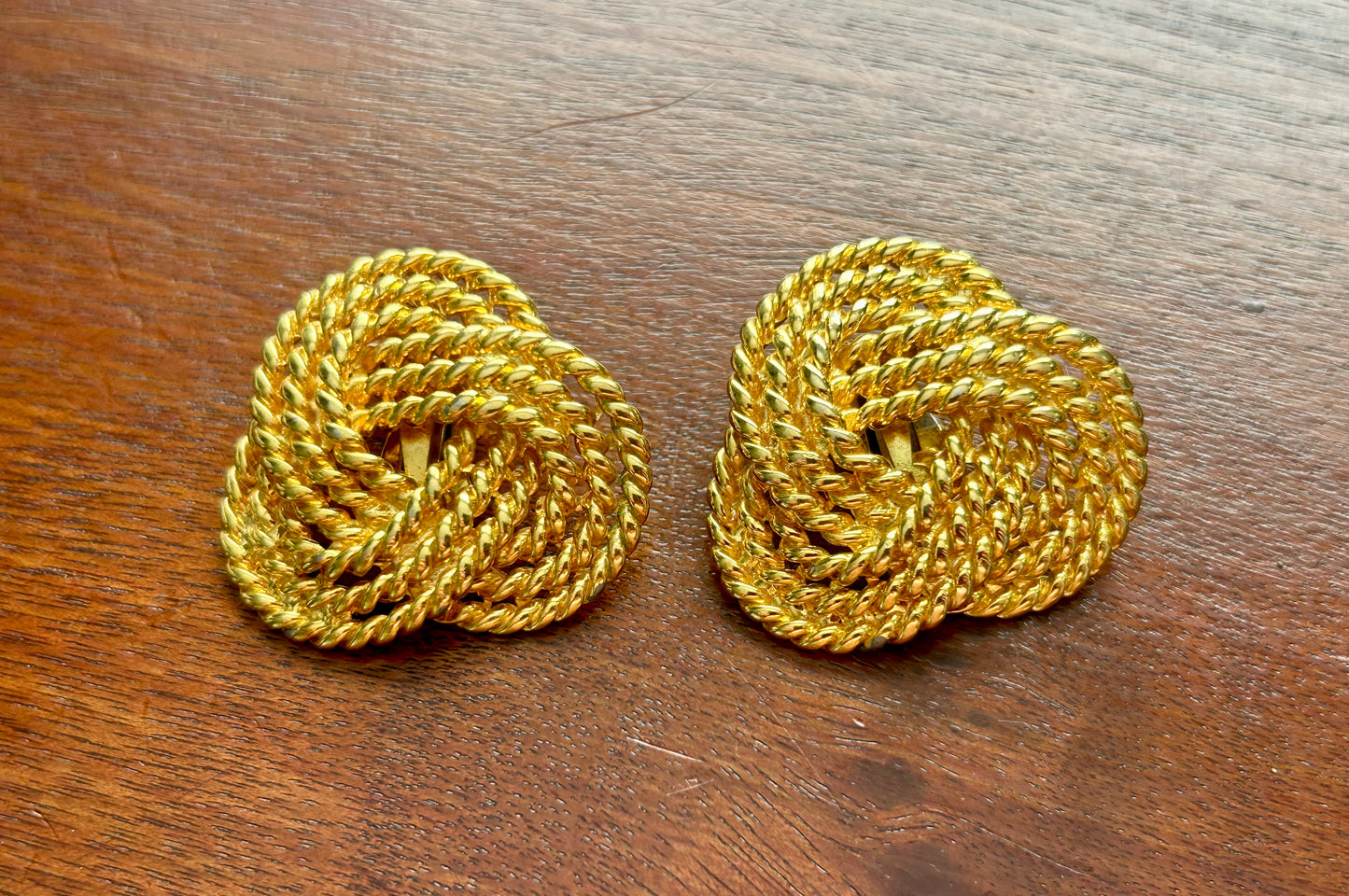 Vintage 80s Gold Tone Large Rope Knot Statement Mogul Pierced Earrings