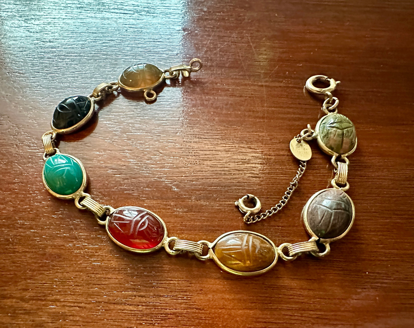 Vintage Signed Burt Cassell 12k Gold Filled Scarab Gemstone Bracelet