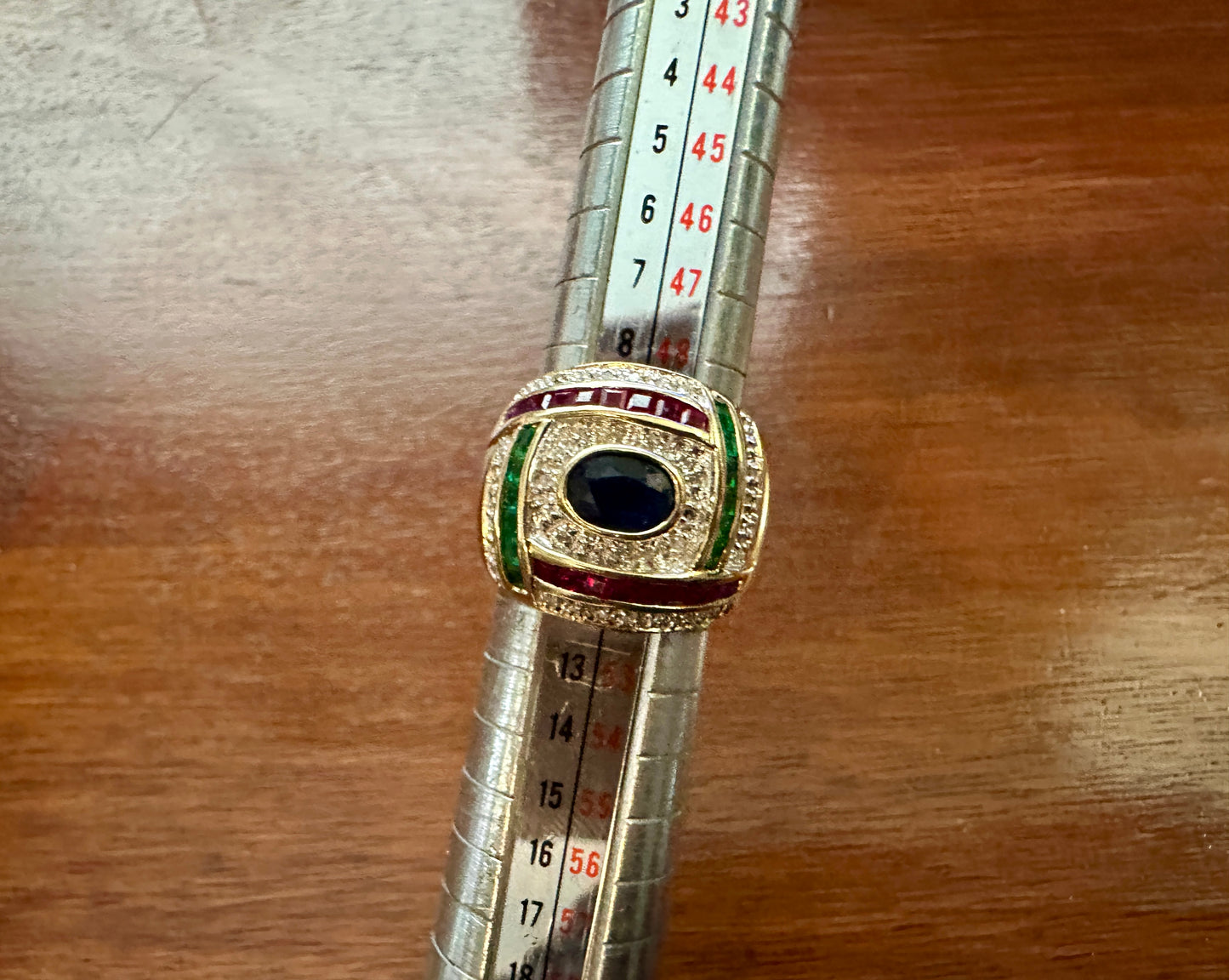 Vintage 14k Yellow Gold Sapphire Ruby Emerald Diamond Signet Ring Sz 5.25